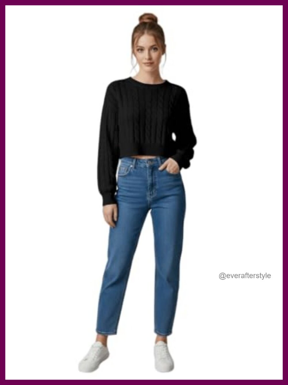 Cropped Cable Knit Sweater Cozy Lightweight Crew Neck Long Sleeve